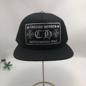 Chrome Hearts black hat with white embroidery